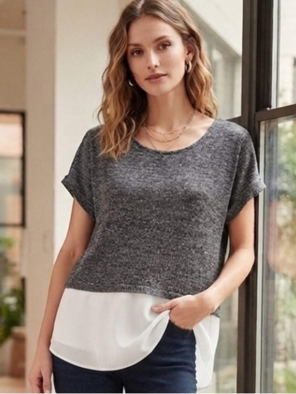 INC Mixed Media Layered Tunic Top Grey Size M L No Size Tag